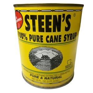 Steen's Pure Cane Syrup 25oz Can, yellow container with black and red text indicating 100% Pure Cane Syrup and natural ingredients.