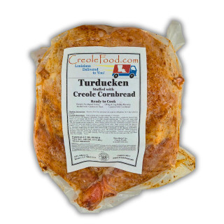 Creole Foods of Louisiana Creole Pork & Cornbread Turducken 15lbs, packaged with a label showing it is ready to cook, partially de-boned, and serves approximately 20-25 people.