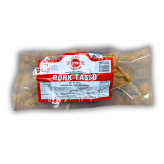 The Best Stop Pork Tasso 10oz, packaged pork tasso in a vacuum-sealed bag with a red and white label.