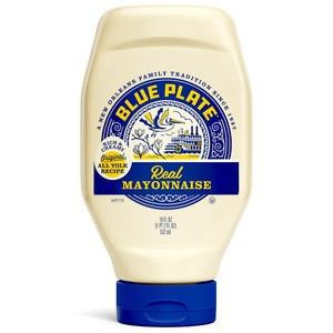 Blue Plate Squeeze Mayonnaise 18 oz, squeeze bottle of mayonnaise with a blue cap and label featuring a yellow and blue logo.