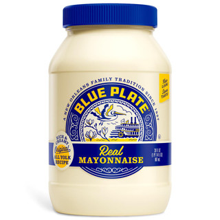 Blue Plate Mayonnaise 30 oz, jar of creamy mayonnaise with blue lid and classic blue and yellow labeling.