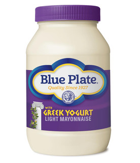 Blue Plate Light Mayonnaise With Greek Yogurt, 30 oz jar of mayonnaise featuring a purple lid and label design.