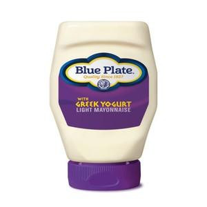 Blue Plate Light Mayonnaise With Greek Yogurt 12 oz., squeeze bottle of mayonnaise with purple cap and label