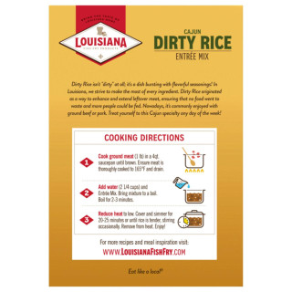 Louisiana Fish Fry Cajun Dirty Rice Entree Mix 8oz, product packaging featuring cooking instructions and a yellow background with red, white, and green text.