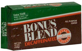 Bonus Blend Decaf Coffee 13 oz, box of decaffeinated coffee with green and brown packaging.