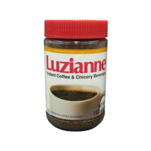 Luzianne Instant Coffee & Chicory 8 oz jar, glass container with red lid showcasing the product label and a cup of brewed coffee.