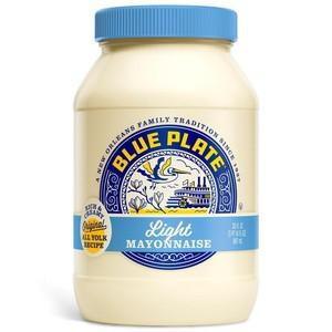 Blue Plate Light Mayonnaise 30 oz, jar of creamy mayonnaise with a blue lid and label featuring the Blue Plate logo and product name.