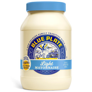 Blue Plate Light Mayonnaise 30 oz, jar of creamy mayonnaise with blue lid and label highlighting original all yolk recipe and rich texture.