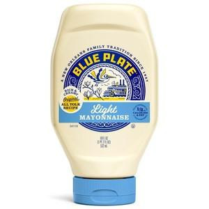 Blue Plate Light Squeeze Mayonnaise, squeeze bottle with a blue cap and label featuring blue and yellow branding.