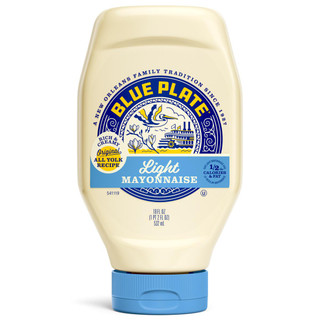 Blue Plate Light Squeeze Mayonnaise 18 oz, squeeze bottle of creamy light mayonnaise with blue and yellow label featuring a heron, river scene, and product information.