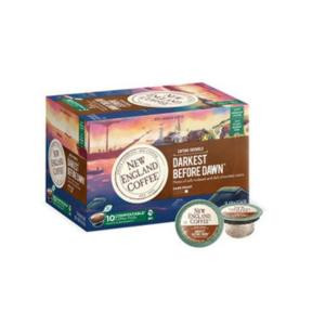 New England Coffee Captain Griswold Darkest Before Dawn Single Serve 10 ct Box, coffee pods and packaging with colorful sunrise and boat imagery.