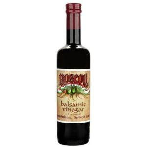 Boscoli Balsamic Vinegar 17oz, a dark glass bottle with a beige label and red cap, featuring green and red accents and product details.