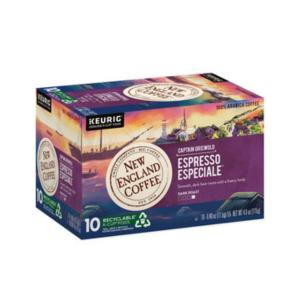 New England Coffee Captain Griswold Espresso Especiale Single Serve 10 ct Box, colorful coffee box packaging with scenic New England landscape and product branding.