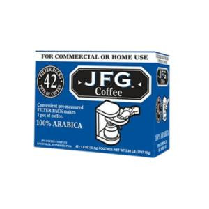 JFG Filter Pack 42/ 1.5 oz., image of blue box packaging for coffee filter pack with JFG logo and product details.