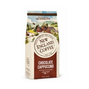 New England Coffee Chocolate Cappuccino Ground, package of 11 oz. ground coffee with colorful landscape and coffee beans illustration on the label.
