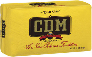 CDM Coffee & Chicory Bag RG 13 oz, yellow packaged coffee and chicory blend in a rectangular bag.