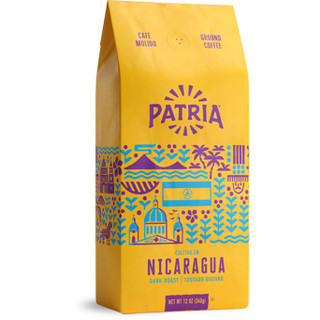 Patria NICARAGUA Tostado Oscuro Dark Roast 12 oz, yellow coffee bag with colorful illustrations of Nicaraguan landmarks and nature scenes.