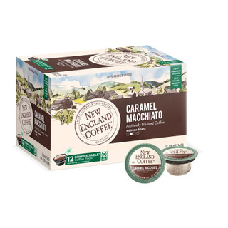 New England Coffee Captain Griswold Bold Decision Single Serve 10 ct Box, image showing a box of coffee pods with caramel macchiato flavor and an image of the coffee cup on the packaging.