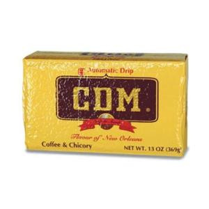 CDM Coffee & Chicory Bag AD 13 oz., yellow packaging with red and black branding, featuring the GDM logo and a coffee cup illustration.