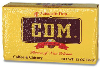 CDM Coffee & Chicory Bag AD 13 oz, yellow packaging with black and red text and logo, for flavored coffee and chicory blend.