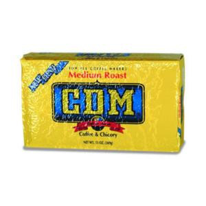 CDM Coffee & Chicory Medium Roast Bag RG 13 oz, yellow packaging with blue and red text highlighting the product name and flavor.
