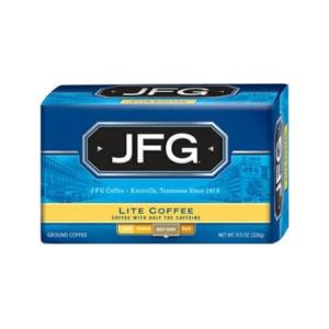 JFG Lite Half the Caffeine Bag, a blue and yellow coffee product package with the JFG logo and product details.