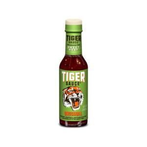 Try Me Tiger Sauce 5 oz, bottle of spicy hot sauce with a green label featuring a roaring tiger illustration.
