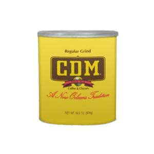 CDM Coffee & Chicory Can 34.5 oz, yellow can with silver lid featuring the CDM logo and product details.