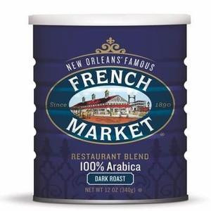 French Market Coffee Restaurant Blend Dark Roast Coffee, 12 oz. container with classic blue design and French Market logo.