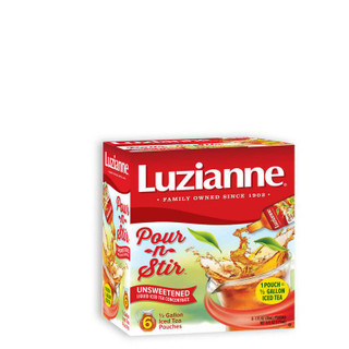 Luzianne Tea Pour-n-Stir Unsweet 2 Quart 6 Count, box of iced tea concentrate pouches with pouring splash and leaves.