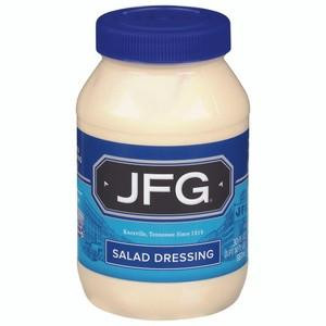 JFG Salad Dressing 30 oz, jar of creamy salad dressing with a blue lid and label