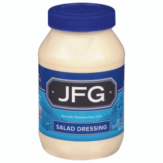 JFG Salad Dressing 30 oz, plastic jar of creamy salad dressing with a blue lid and label.