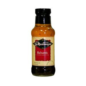 La Martinique Balsamic Vinaigrette 10 oz, glass bottle with black cap and red label showcasing balsamic vinaigrette.