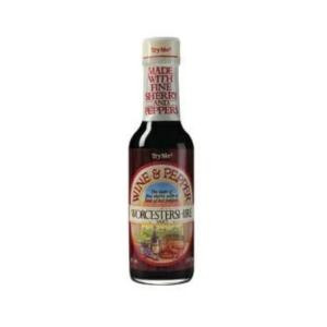 Try Me Wine & Pepper Worcestershire 5 oz., bottle of savory Worcestershire sauce with wine and pepper flavors in a glass bottle with a white and red label.