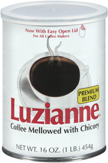 Luzianne Premium Blend Medium Dark Roast C&C 1 Lb Can, white container with a coffee cup illustration, featuring bold red and yellow text, and an open lid indicated at the top.