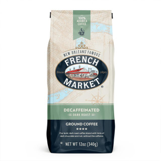 French Market Coffee Decaffeinated Blend Dark Roast 12 oz, a package of ground coffee with a vintage-style design and label indicating decaffeinated dark roast.
