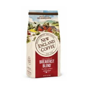 New England Coffee Breakfast Blend Ground 12 oz., a bag of ground coffee featuring a colorful outdoor scene with a logo indicating premium quality