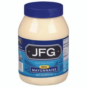 JFG Mayonnaise 48 oz, jar of creamy mayonnaise with blue lid and label.