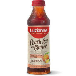 Luzianne Ready to Drink Sweet Peach Tea with Ginger 18.5 oz, bottled iced tea with a red cap, condensation on the bottle, featuring a label with peach and ginger illustrations.