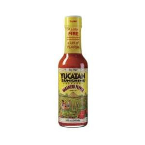 Try Me Yucatan Sunshine Habanero Sauce 5 oz, a small glass bottle with yellow and red label featuring habanero peppers and tropical imagery.