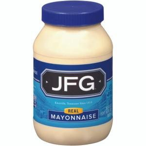 JFG Mayonnaise 30 oz., jar of creamy mayonnaise with blue lid and label featuring the JFG logo and description.