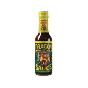 Try Me Dragon Sauce 5 oz, a small glass bottle with a colorful label featuring a dragon illustration and bold text.