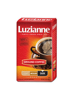 Luzianne Pure Dark Roast 13 oz, package of ground coffee with a cup of brewed coffee surrounded by coffee beans.
