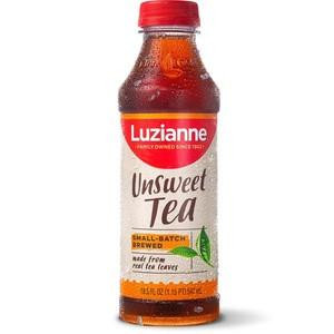 Luzianne Ready to Drink Unsweet Tea 18.5 oz, bottled iced tea with red cap and label displaying 'Unsweet Tea' and lemon imagery.