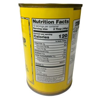 Steen's Pure Cane Syrup 12oz Can, product container with nutrition facts label on a yellow background.