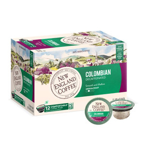 New England Coffee Colombian Decaffeinated Single Serve 12 ct Box, image of a box of coffee pods with colorful mountainous landscape design on packaging.