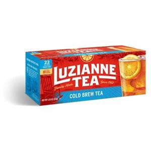 Luzianne Cold Brew Family Size Regular Tea 22 Count, box of tea bags with orange slices and a glass of iced tea on the front.