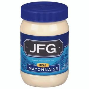 JFG Mayonnaise 16 oz, jar of creamy mayonnaise with blue lid and label featuring blue and black design elements.
