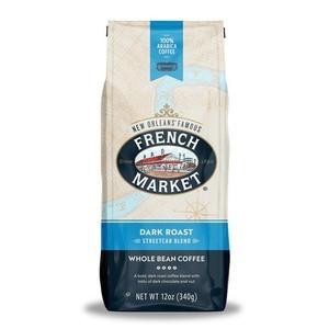 French Market Coffee Streetcar Blend Dark Roast Whole Bean Blue Bag, 12 oz, in packaging featuring the French Market logo and a blue and white design.