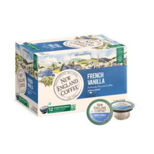 New England Coffee French Vanilla Single Serve 12 ct Box, box of 12 single serve coffee capsules featuring French vanilla flavor.